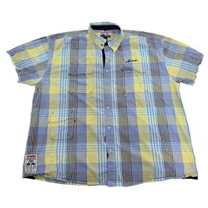 Akademiks Mens 4XL Plaid Button Down‎ Shirt Short Sleeve Blue Yellow Streetwear